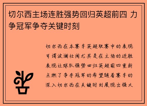 切尔西主场连胜强势回归英超前四 力争冠军争夺关键时刻 切尔西主场连胜强势回归英超前四 力争冠军争夺关键时刻