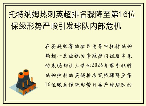 托特纳姆热刺英超排名骤降至第16位 保级形势严峻引发球队内部危机
