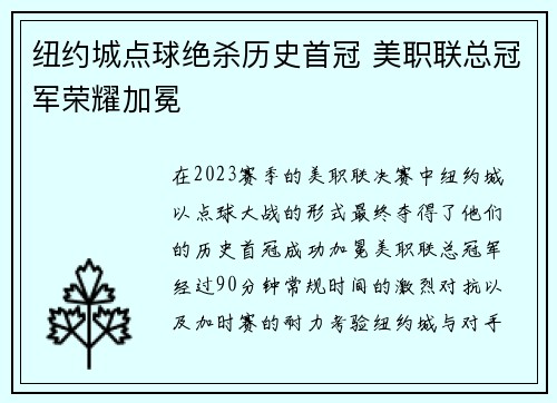 纽约城点球绝杀历史首冠 美职联总冠军荣耀加冕